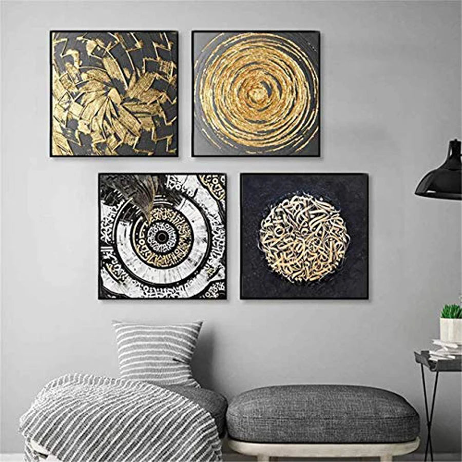 Modern Abstract Wall Art – Set of 4 (Gold & Grey)