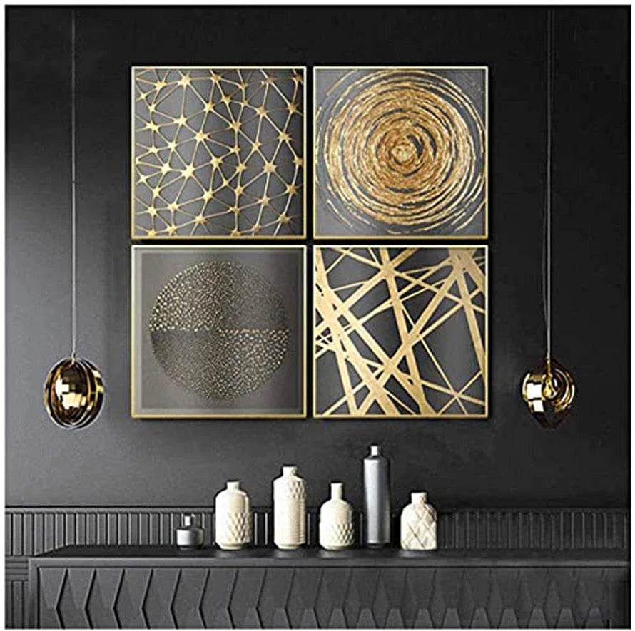 Modern Abstract Wall Art – Set of 4 (Gold & Grey)