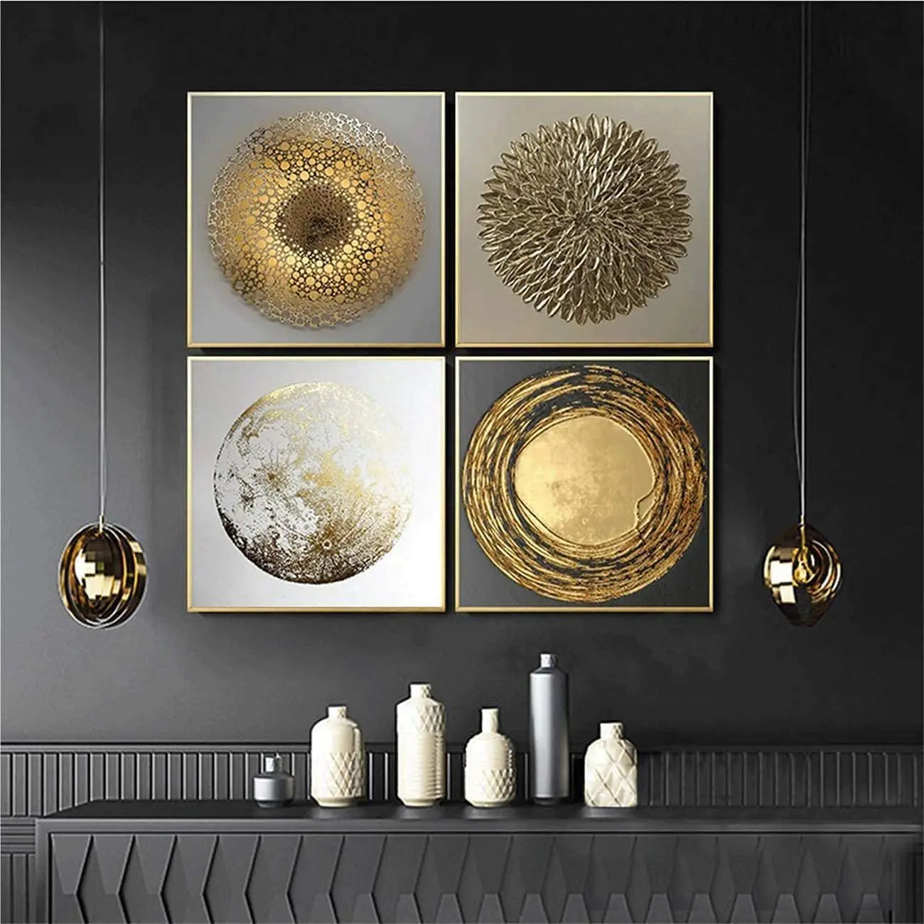 Modern Abstract Wall Art – Set of 4 (Gold & Grey)
